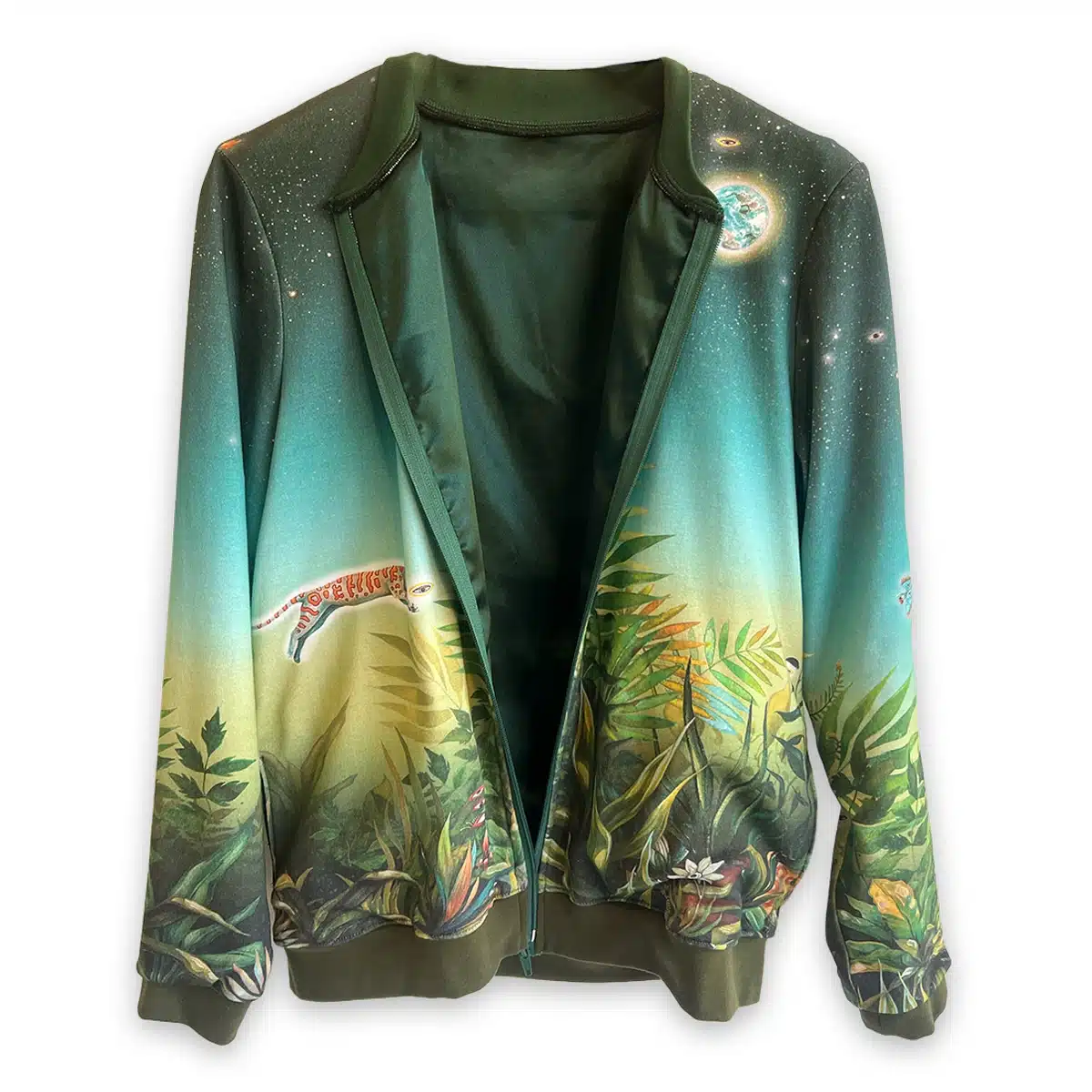 Bomber jacket featuring artwork by Ingrid Nuss Fine Art Gallery Wilderness Garden Route South Africa