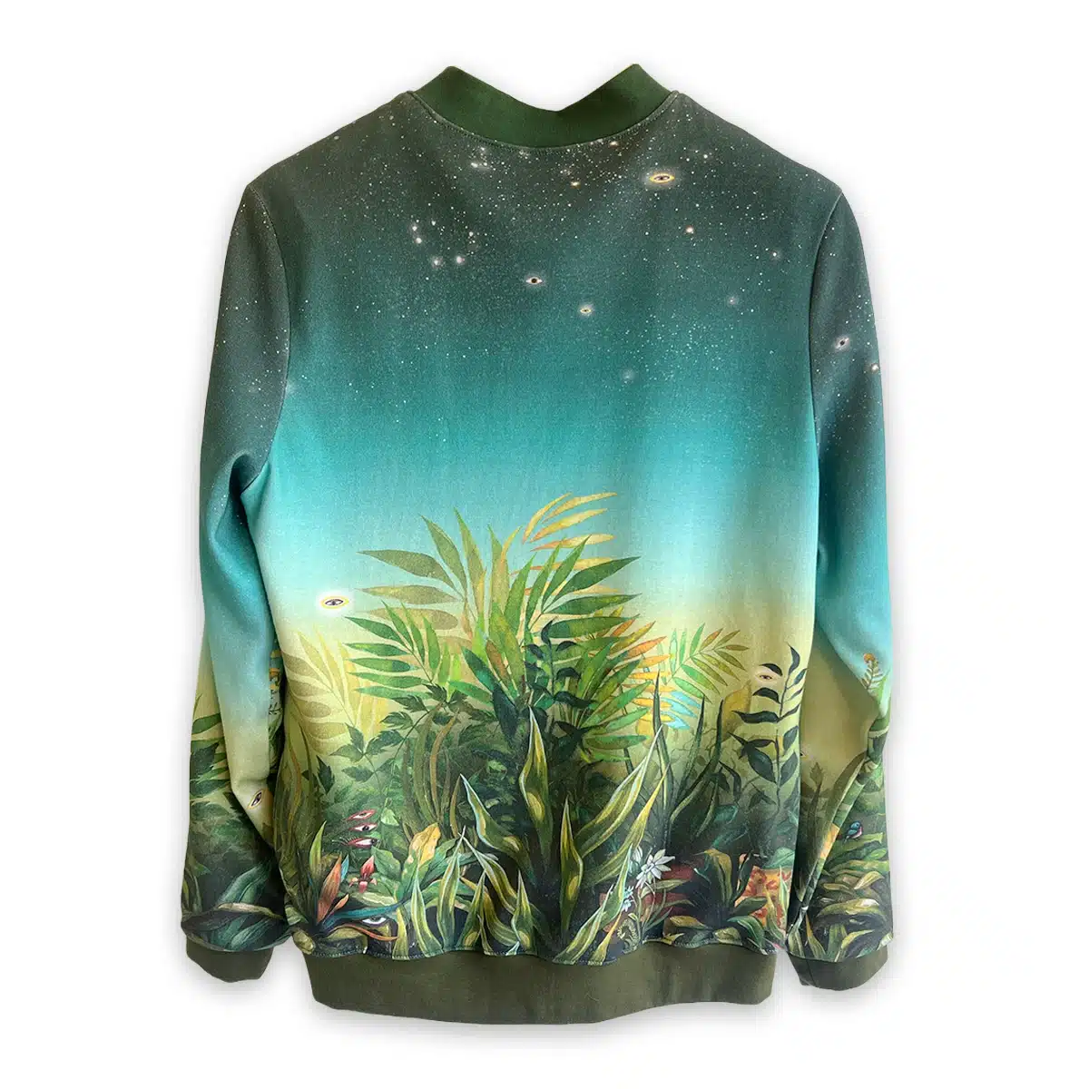 Bomber jacket featuring artwork by Ingrid Nuss Fine Art Gallery Wilderness Garden Route South Africa